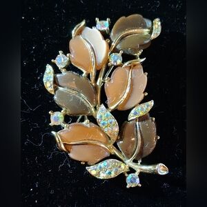 Gold and Brown Leaf Brooch with Sparkling Accents